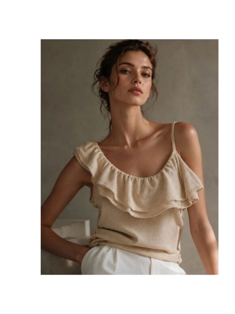 New Zara Ruffle One Shoulder Cream Soft Knit Tie Back Top L
